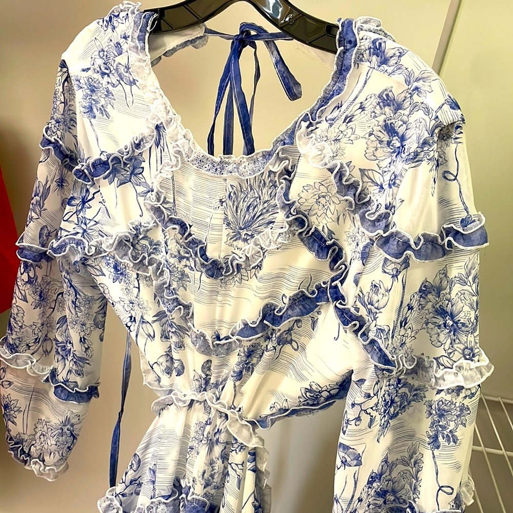 LACE brand dress back completely open.Blue and white. Has only been worse once